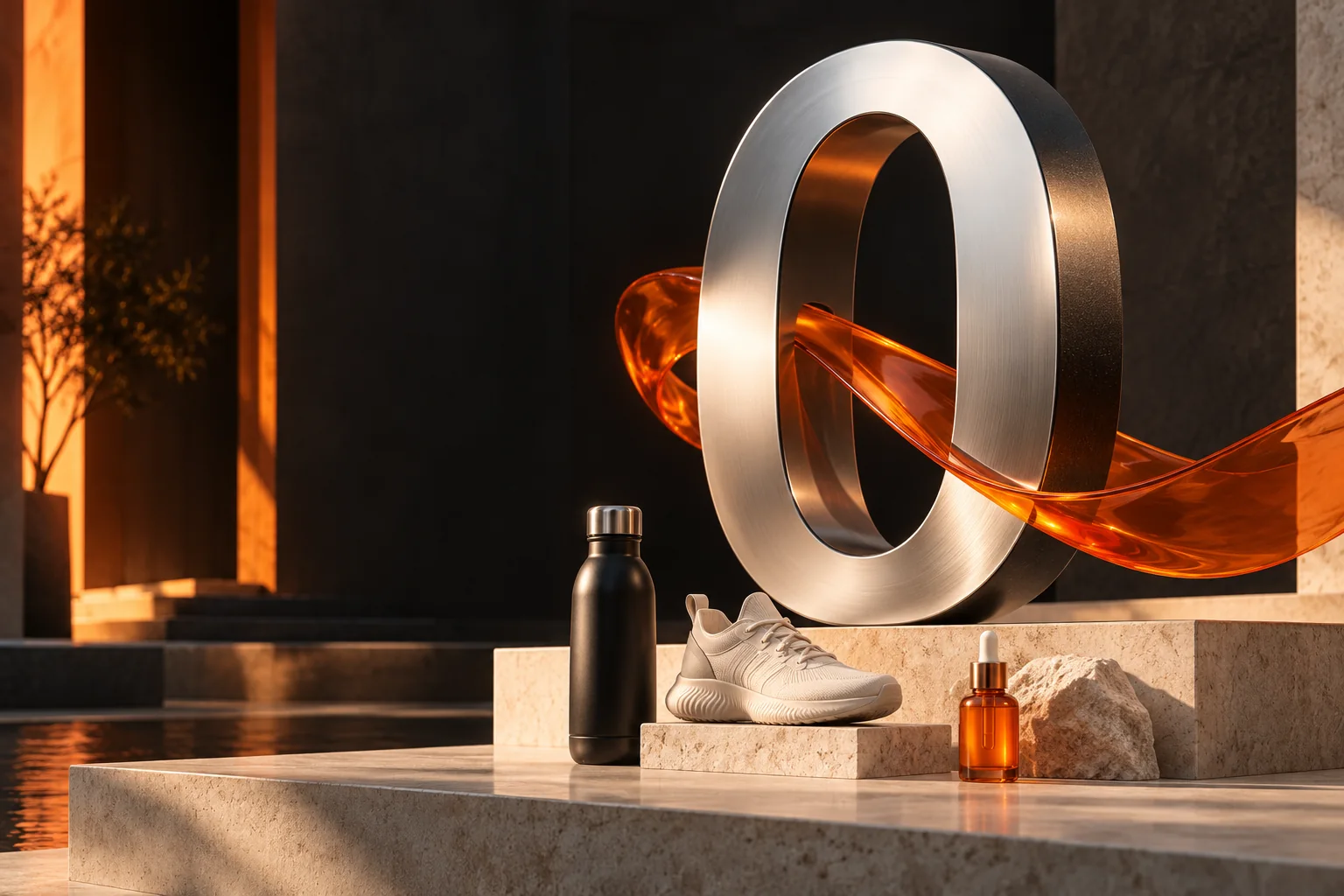 A monumental silver zero surrounded by an orange glass ribbon and sample retail products