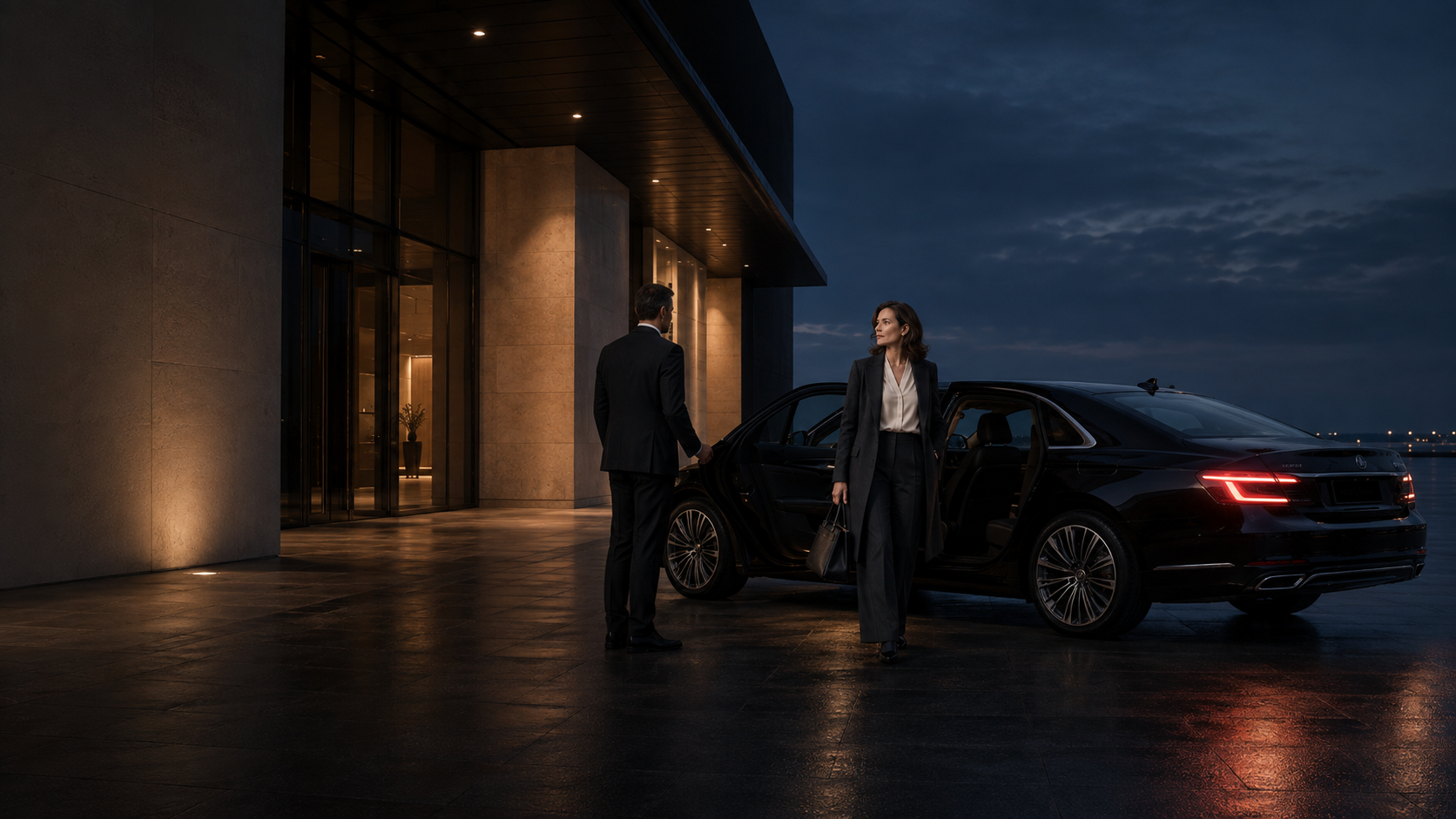 A businesswoman arriving by black limousine at a private terminal entrance before dawn.