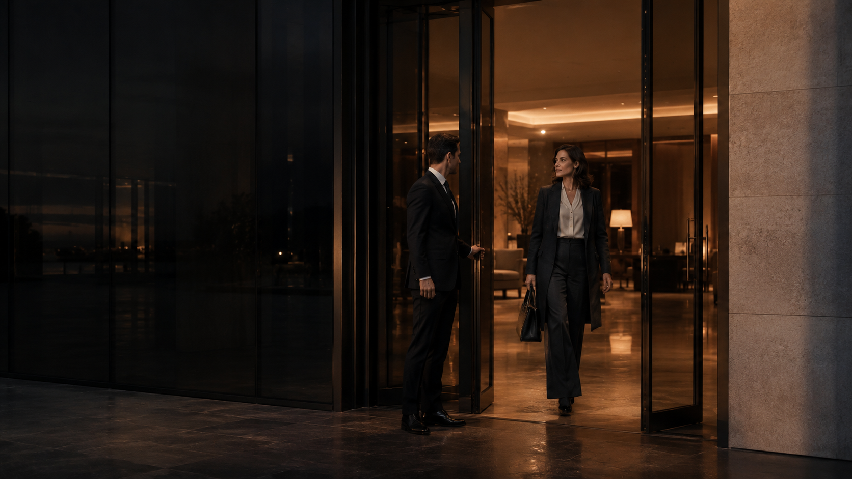 A private host opening a smoked-glass terminal door as the client enters.