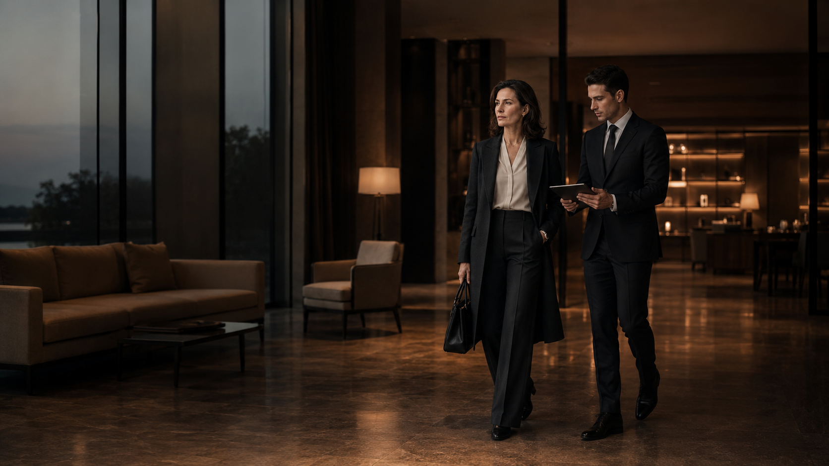 The client walking through the terminal with a host who has her journey prepared.