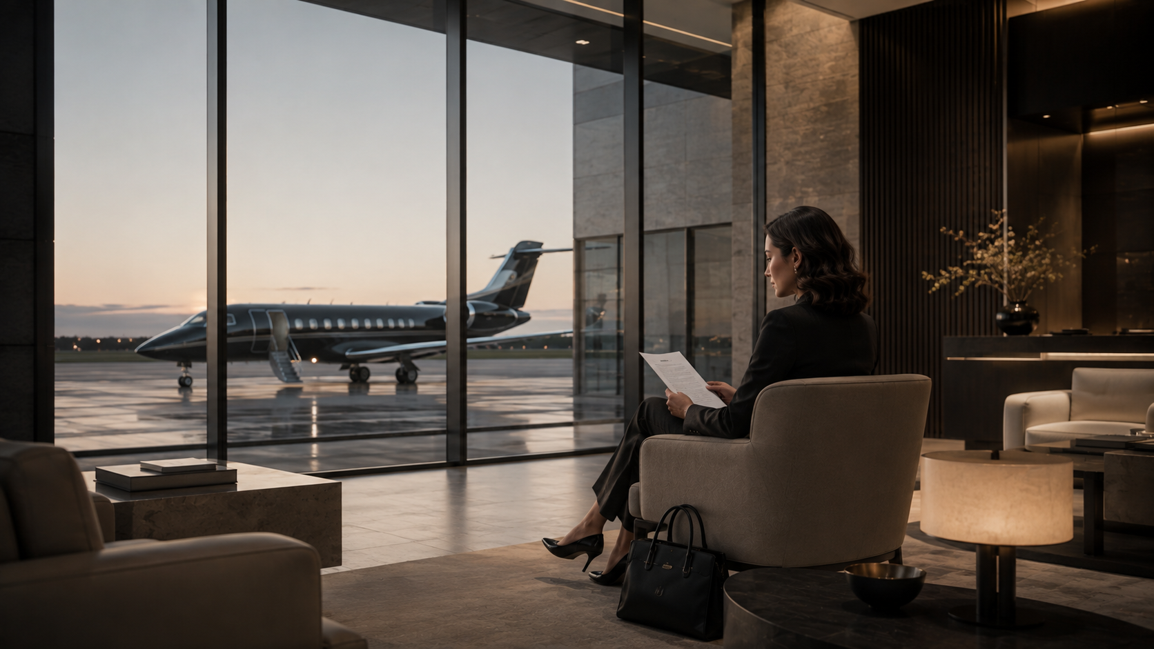 The client seated quietly beside glass with her private jet waiting directly outside.