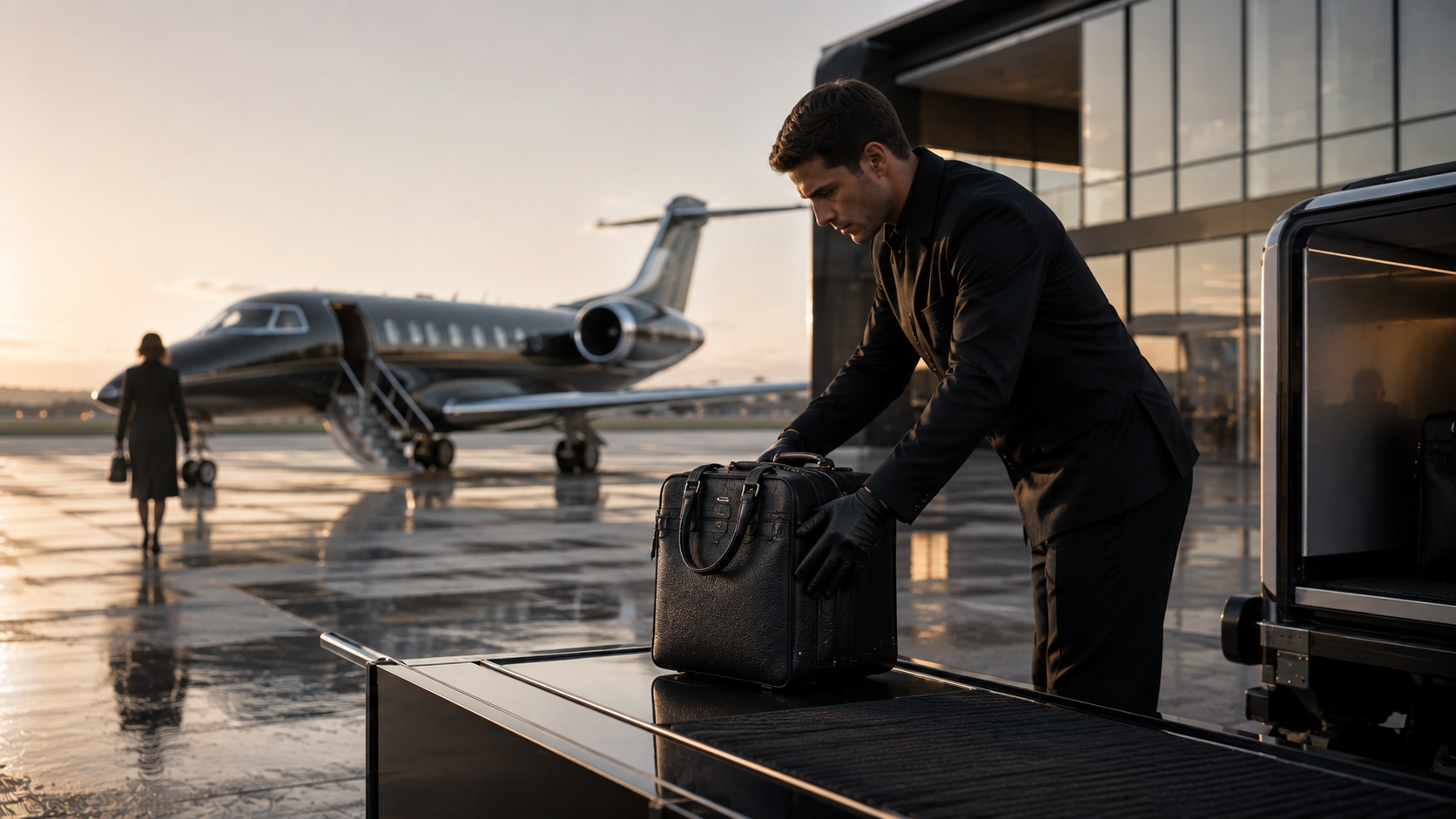 A private service host transferring the client's bag while she walks toward the waiting jet.