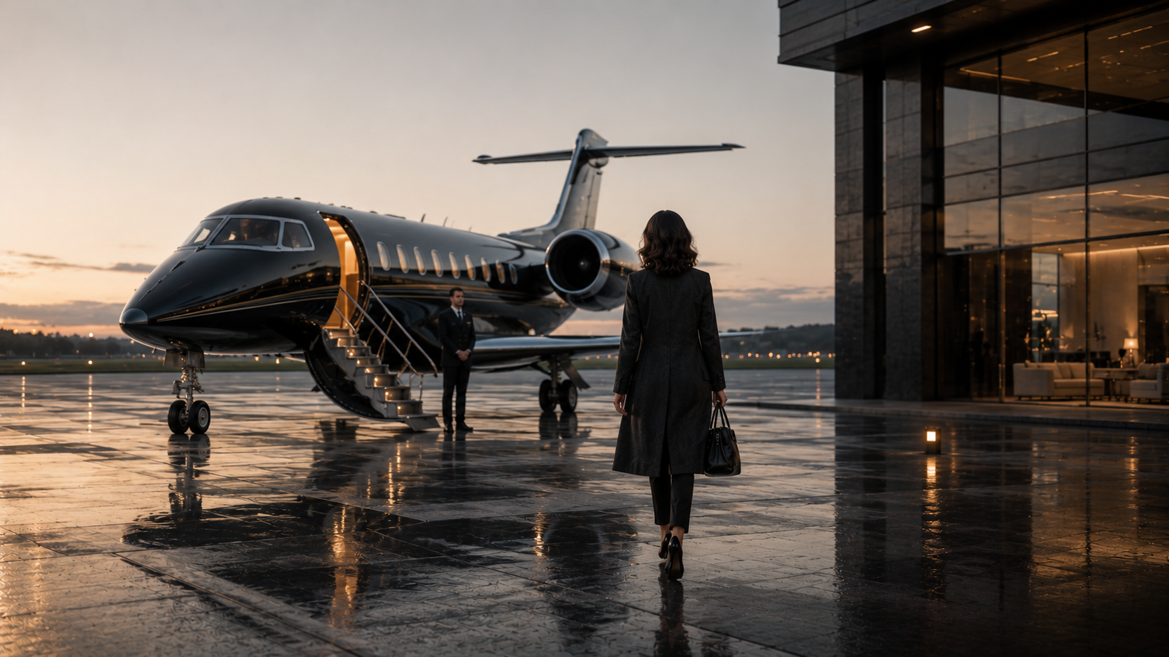 The client walking directly from the private terminal to the waiting aircraft stairs.
