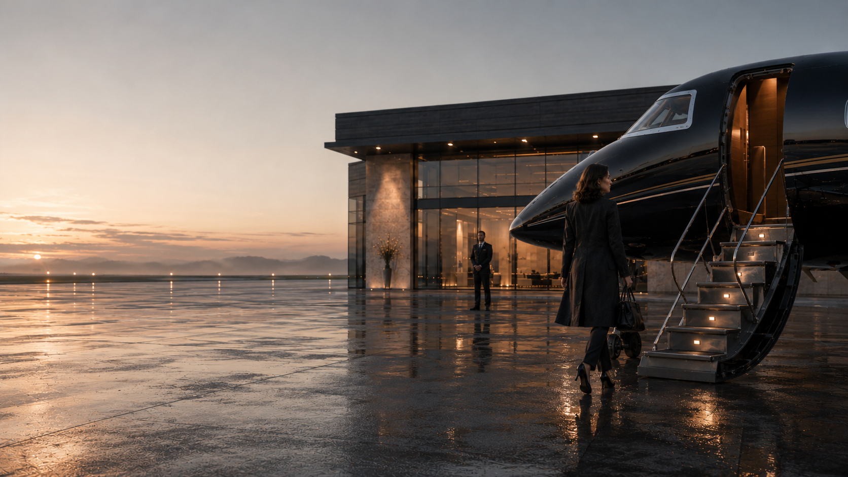The client at the aircraft stairs with the private terminal and morning apron behind her.
