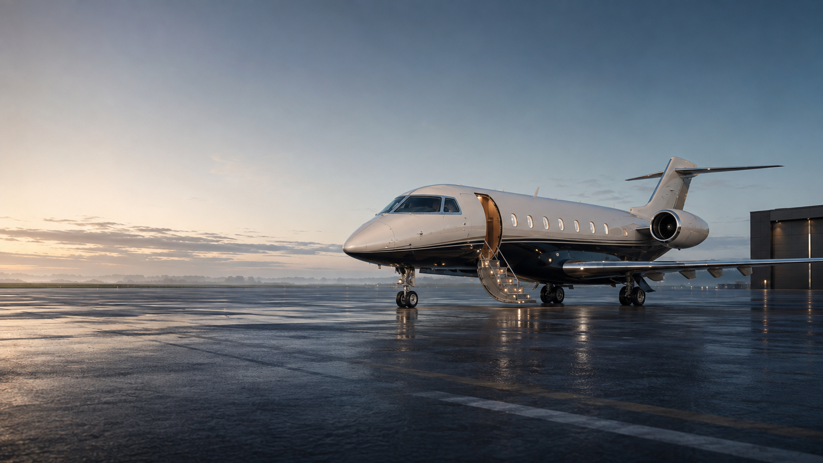 Private jet waiting on a quiet executive aviation apron in clean morning light.