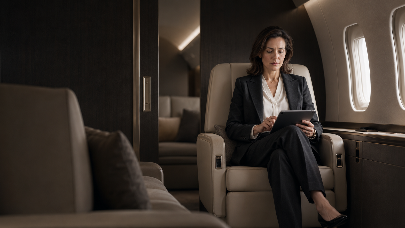 Businesswoman seated inside a private jet cabin, working quietly during flight.