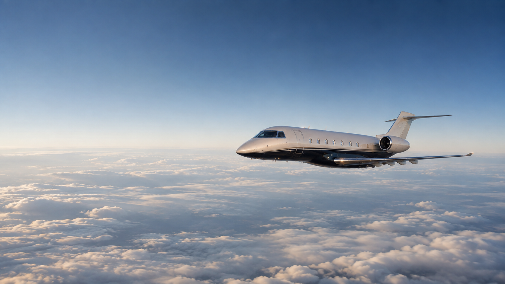 Private jet flying above a layered cloudscape.
