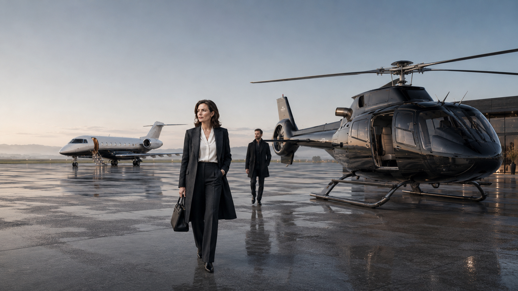 Businesswoman walking from a private jet toward a graphite executive helicopter.