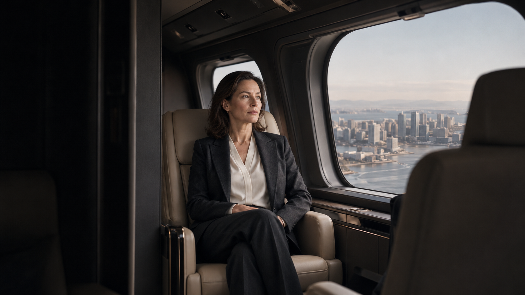 Businesswoman seated inside an executive helicopter cabin, looking toward the destination.
