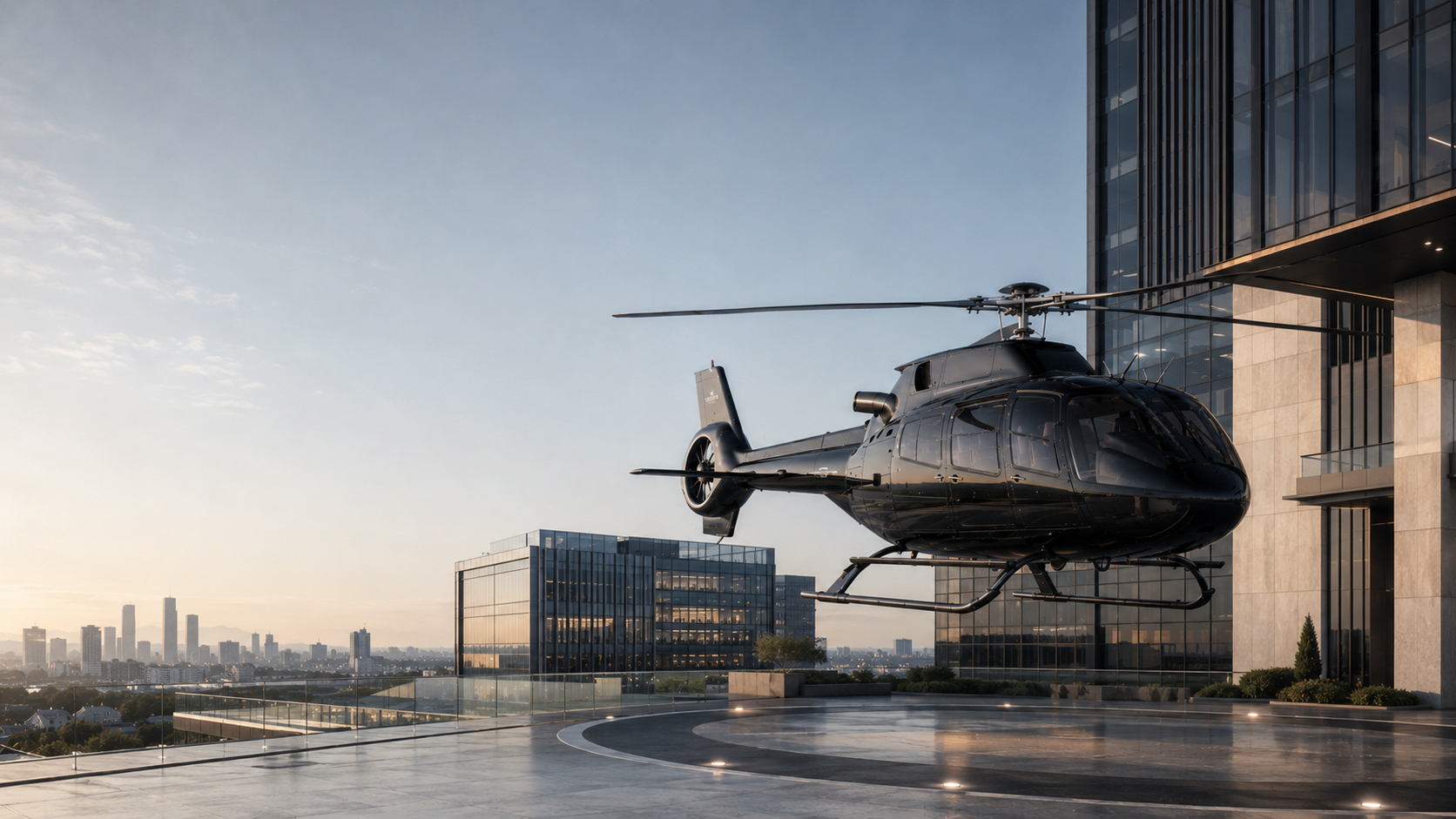 Executive helicopter approaching an urban business destination.