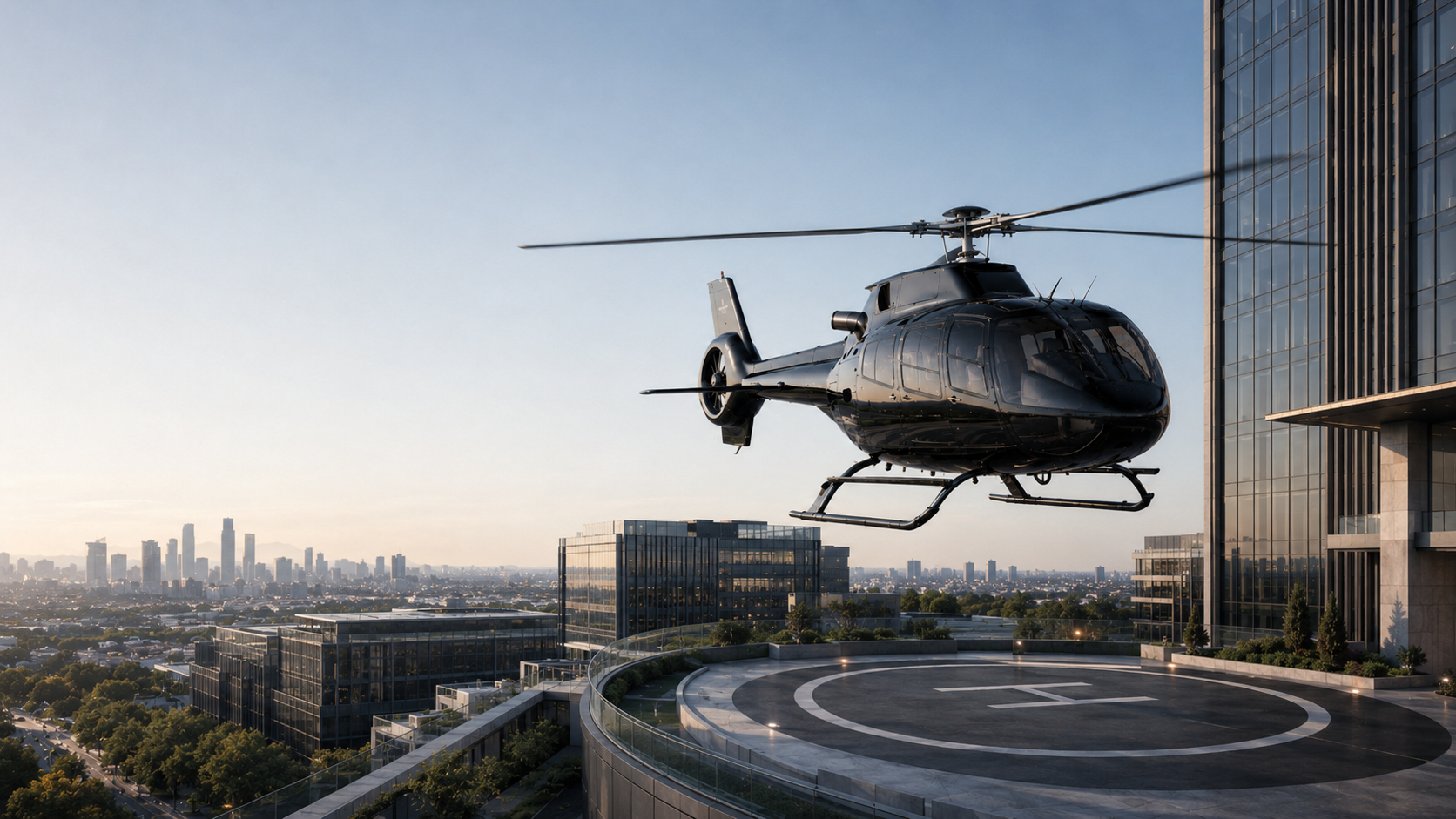 Executive helicopter completing its arrival beside an urban business building.