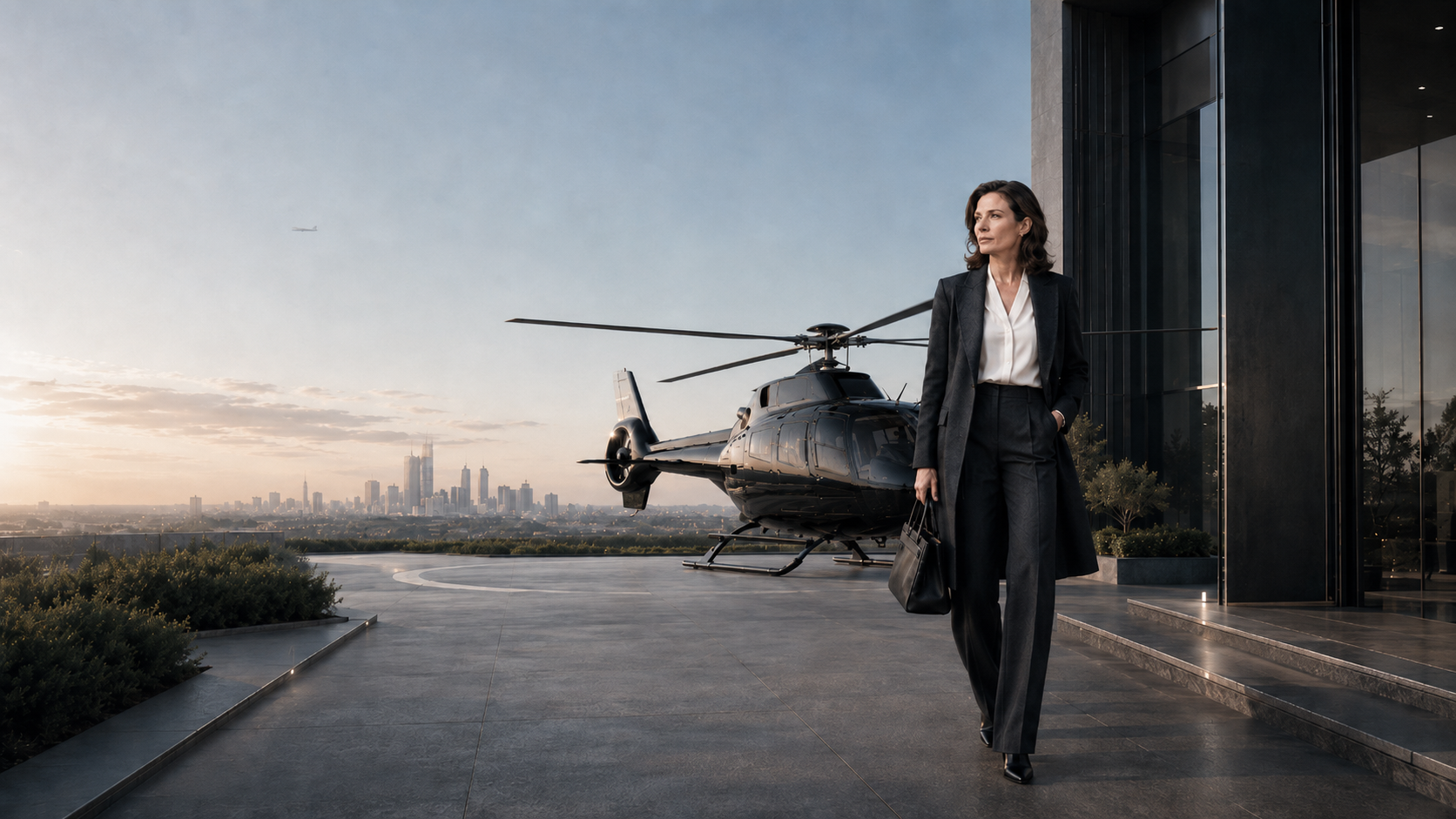 Businesswoman walking from a helicopter toward an executive building.