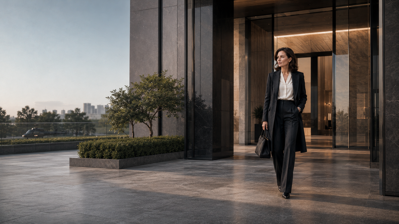 Businesswoman approaching a contemporary executive headquarters.