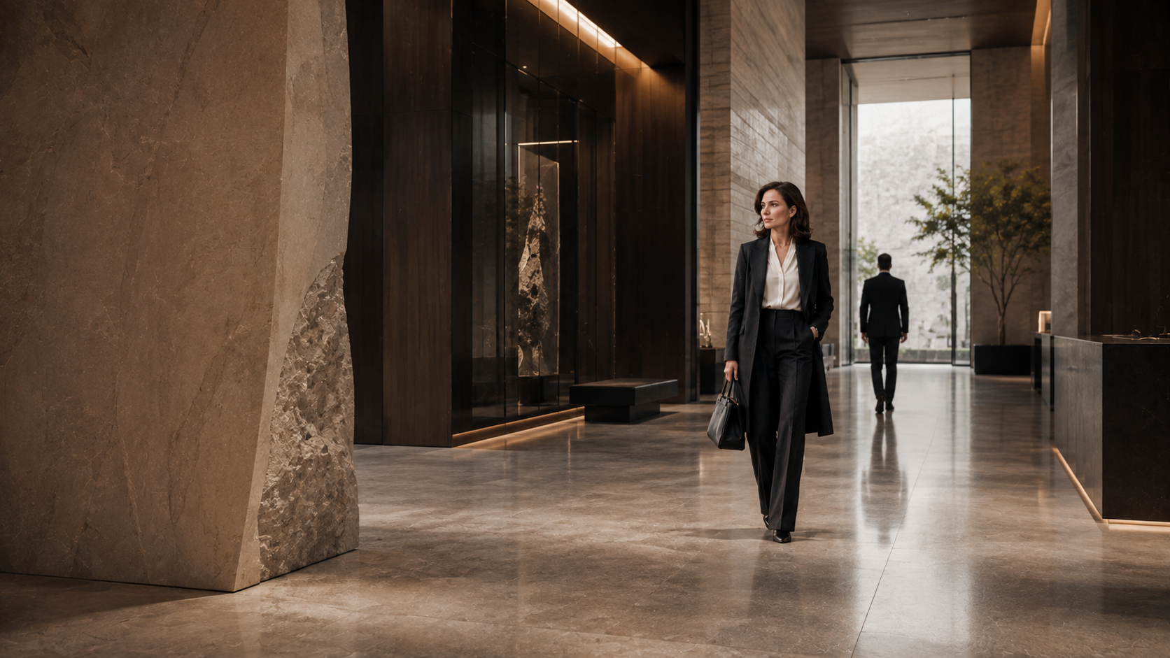 Businesswoman walking through a quiet architectural executive lobby.