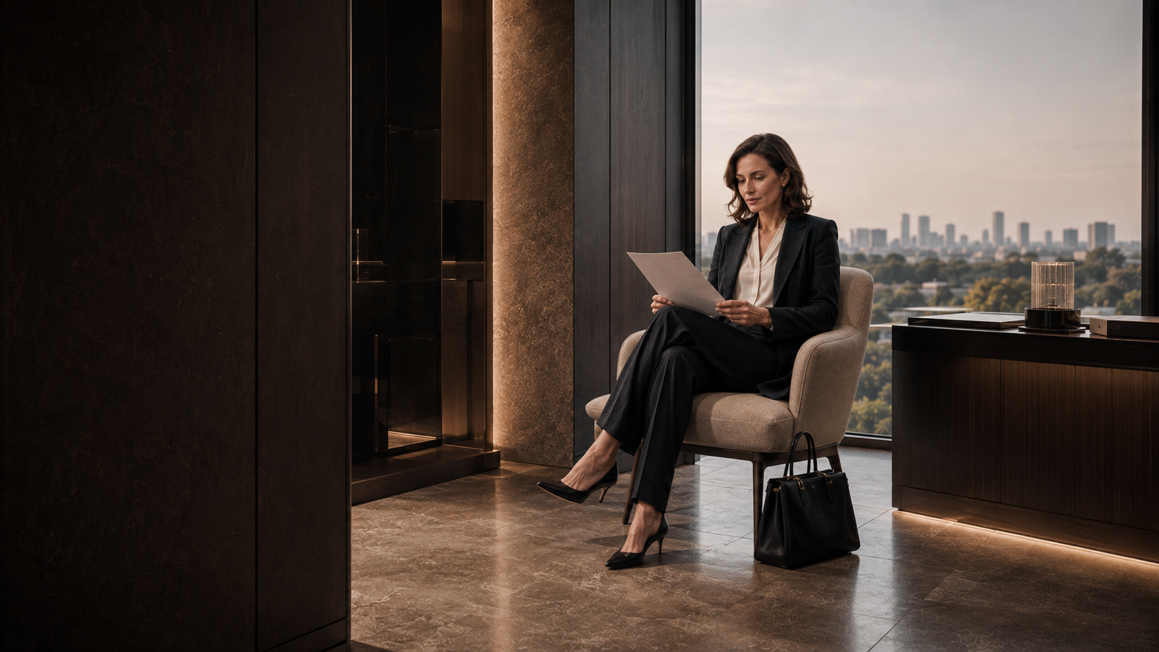 Businesswoman reviewing a document before an executive meeting.
