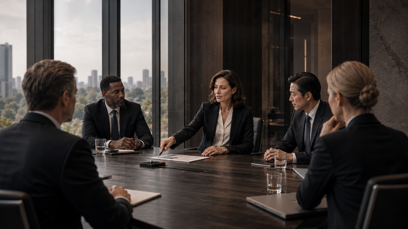 Businesswoman participating in a focused boardroom meeting.