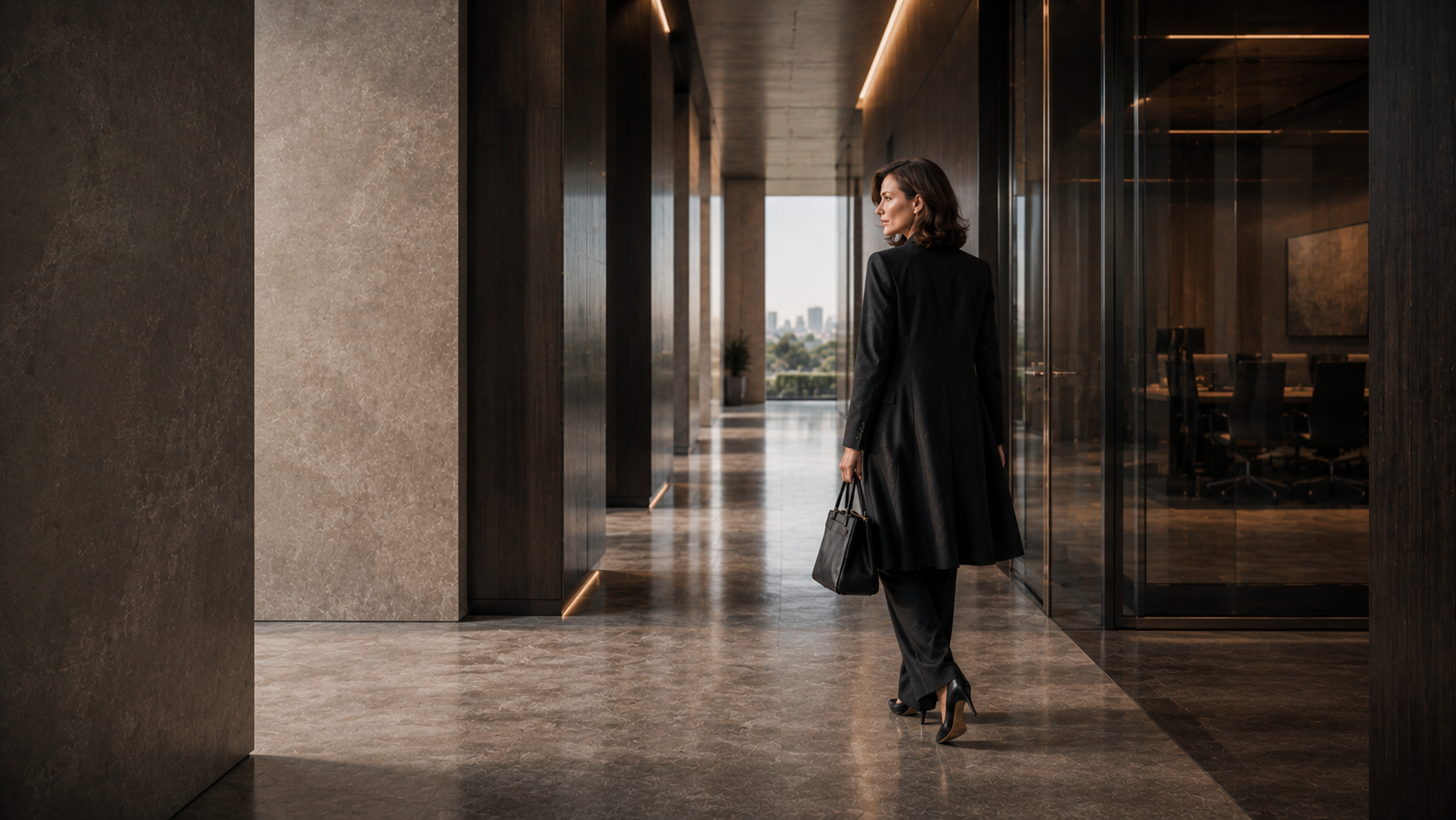 Businesswoman continuing through a refined executive corridor after the meeting.