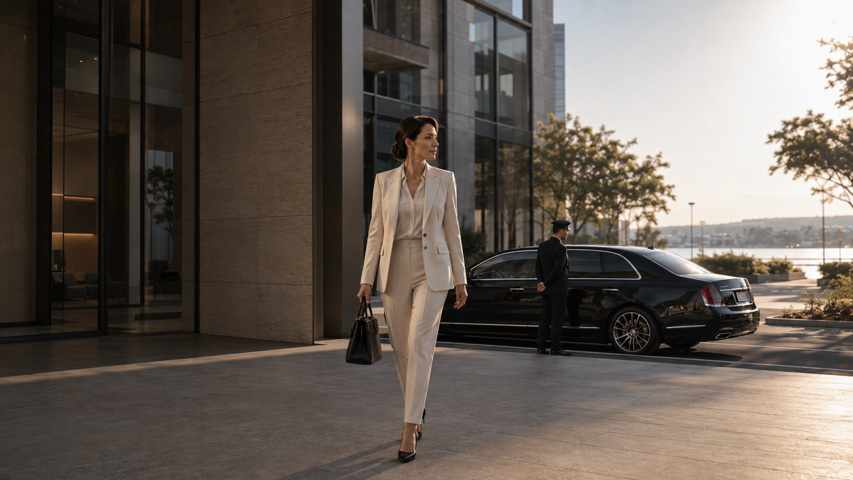 Businesswoman leaving the executive building toward a waiting chauffeured limousine.