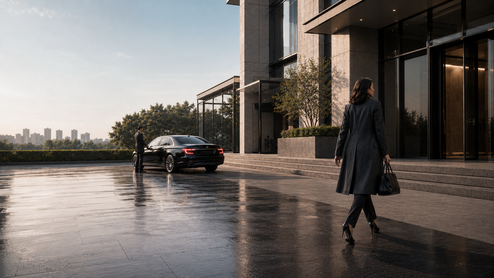Businesswoman leaving the building toward a waiting chauffeured limousine.