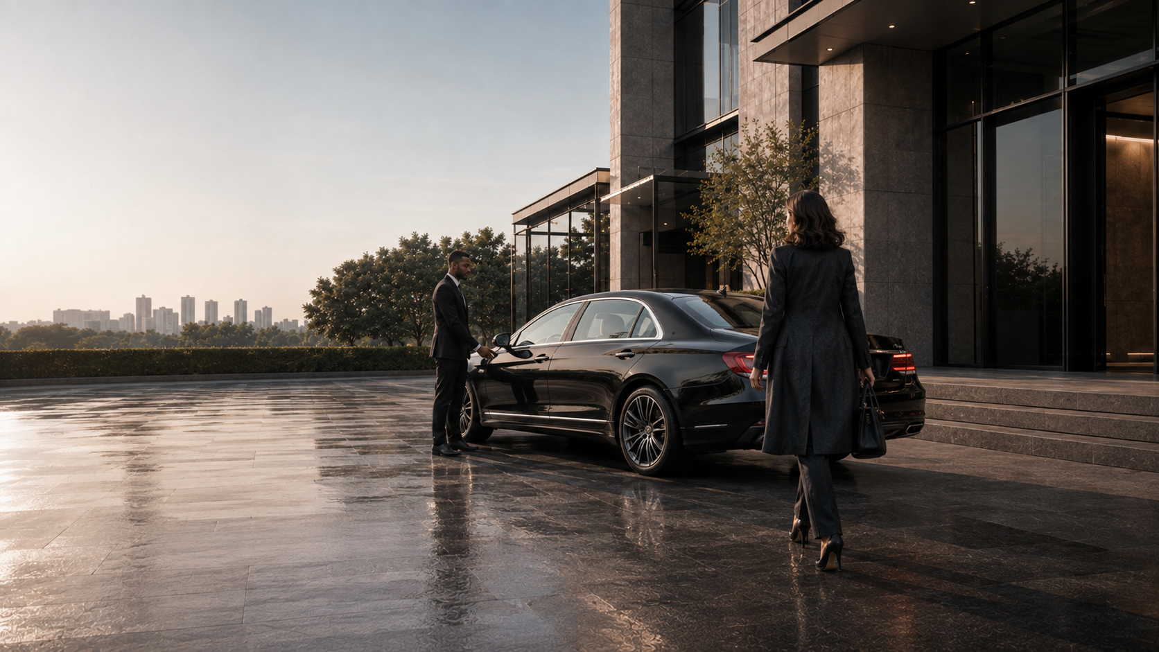 Businesswoman approaching her waiting limousine after completing the meeting.