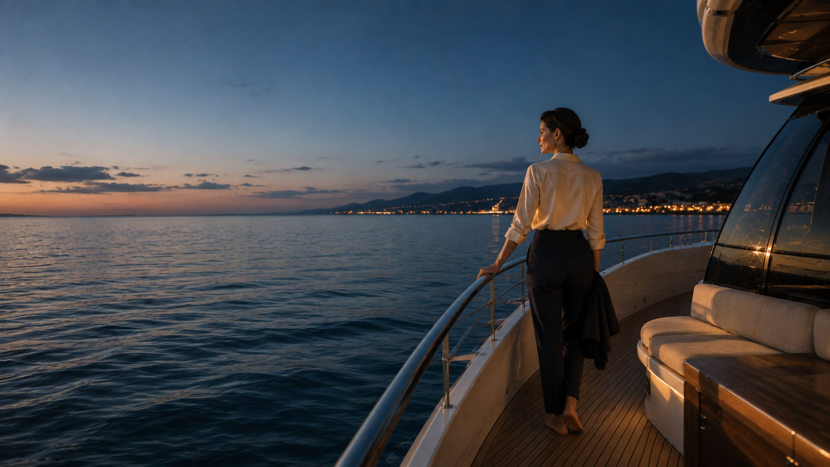 Businesswoman standing aboard a private yacht at blue hour before departing.