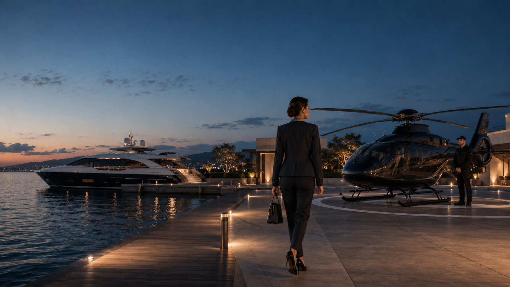 Businesswoman walking from the waterfront toward a waiting private helicopter.