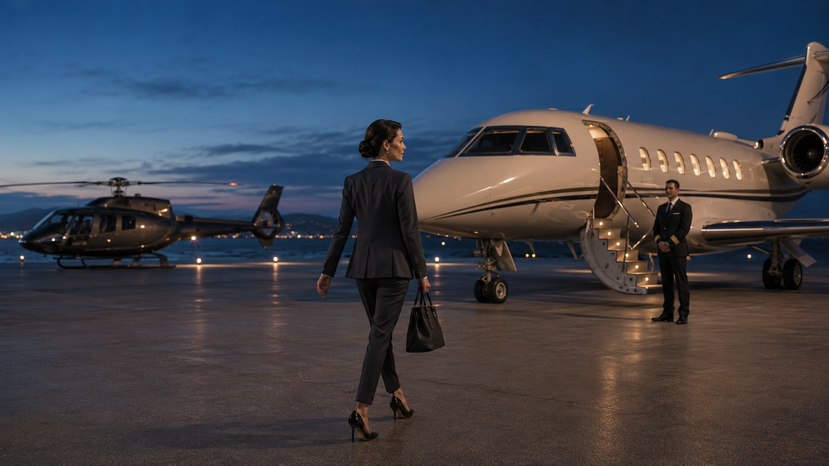 Businesswoman walking toward a waiting private jet at dusk.