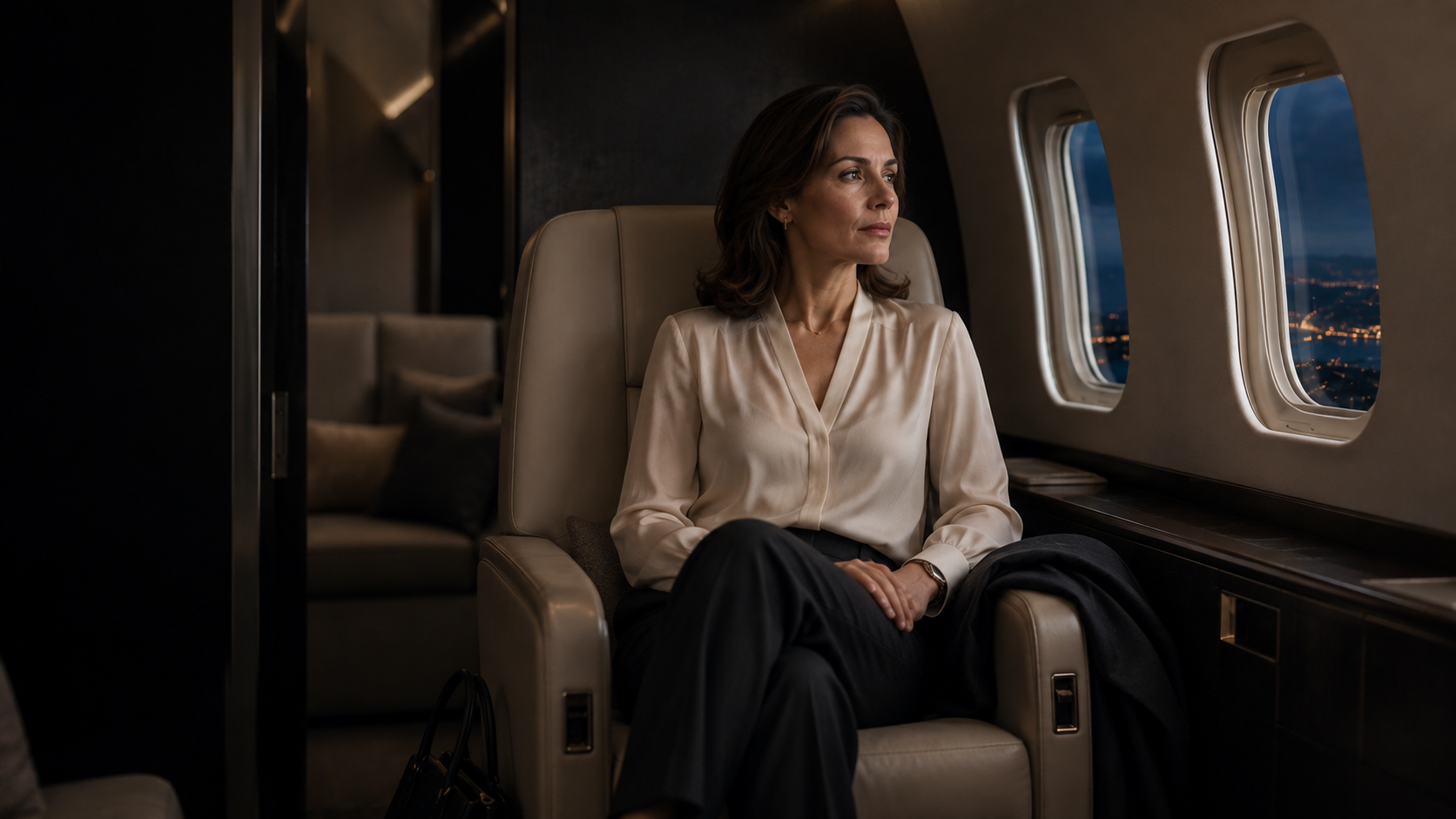 Businesswoman seated quietly inside a private jet cabin at night.