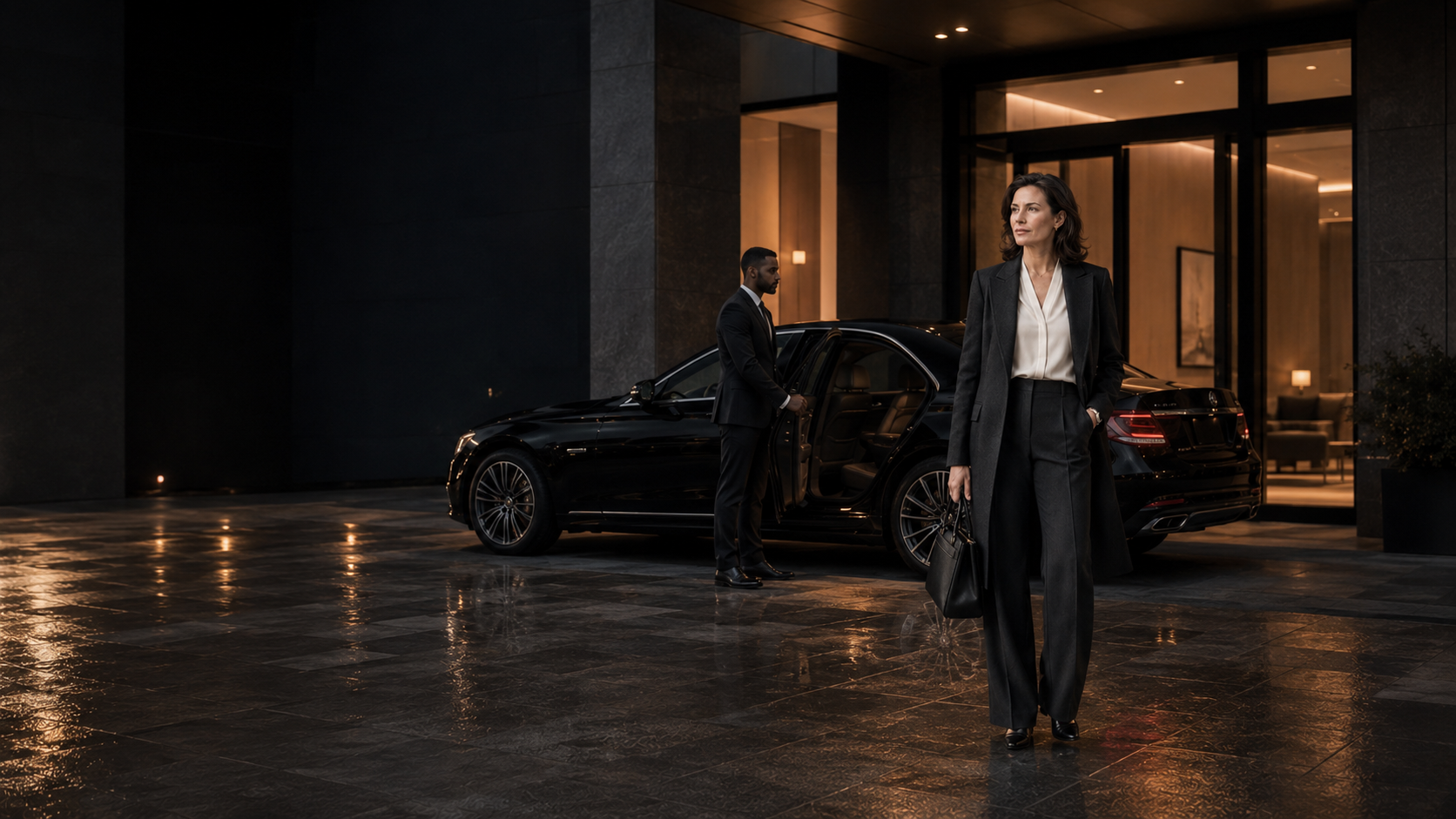 Businesswoman arriving at her final destination beside a chauffeured limousine at night.