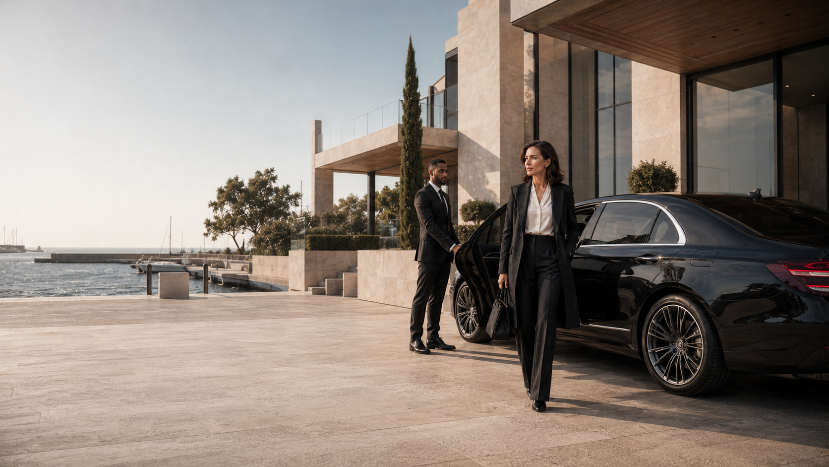 Businesswoman arriving by chauffeured limousine at a private waterfront marina.