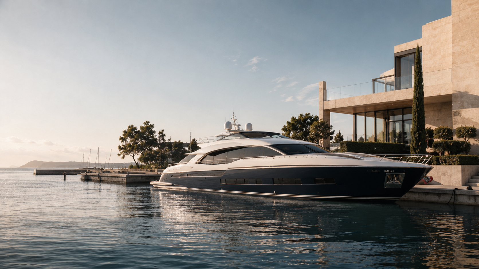 Contemporary private motor yacht moored at a quiet marina.