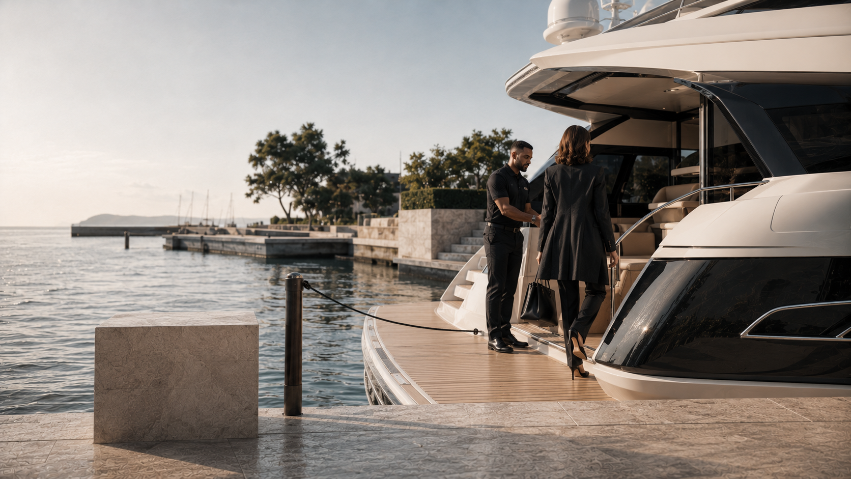 Businesswoman boarding a private yacht from a marina berth.