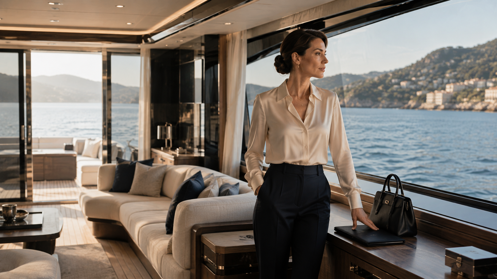 Businesswoman standing inside a yacht salon overlooking the water.