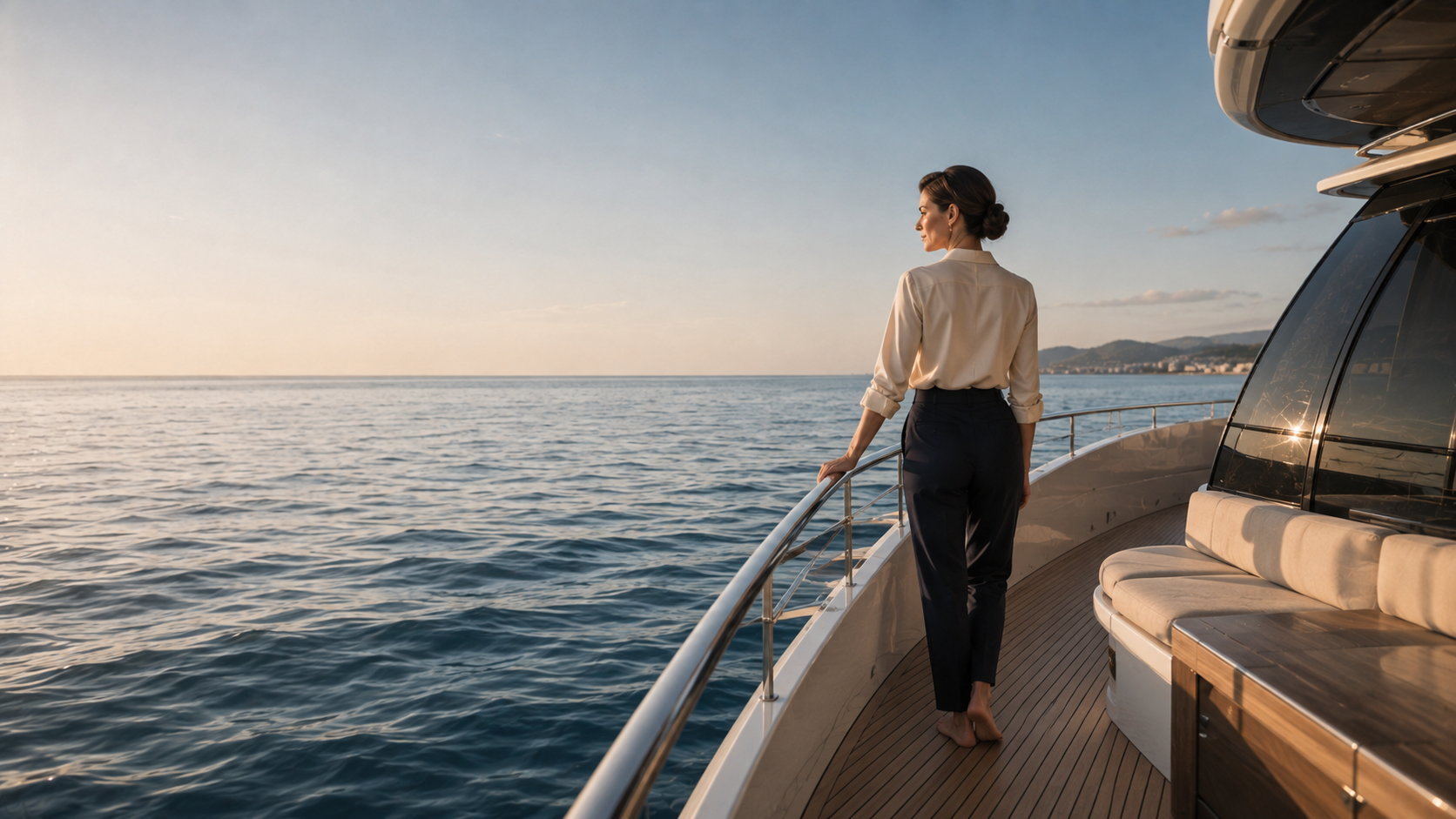 Businesswoman relaxing on the yacht deck facing the sea.