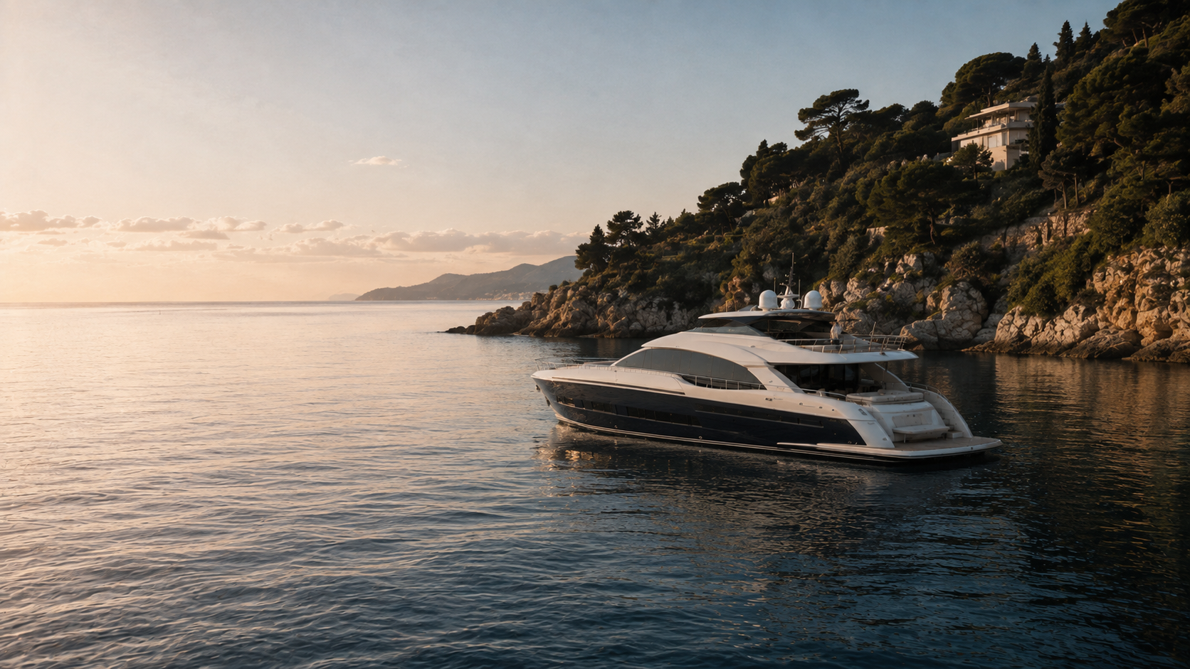 Private yacht on calm water during late golden hour.