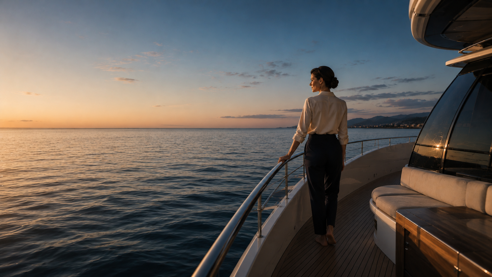 Businesswoman resting aboard a private yacht at sunset.