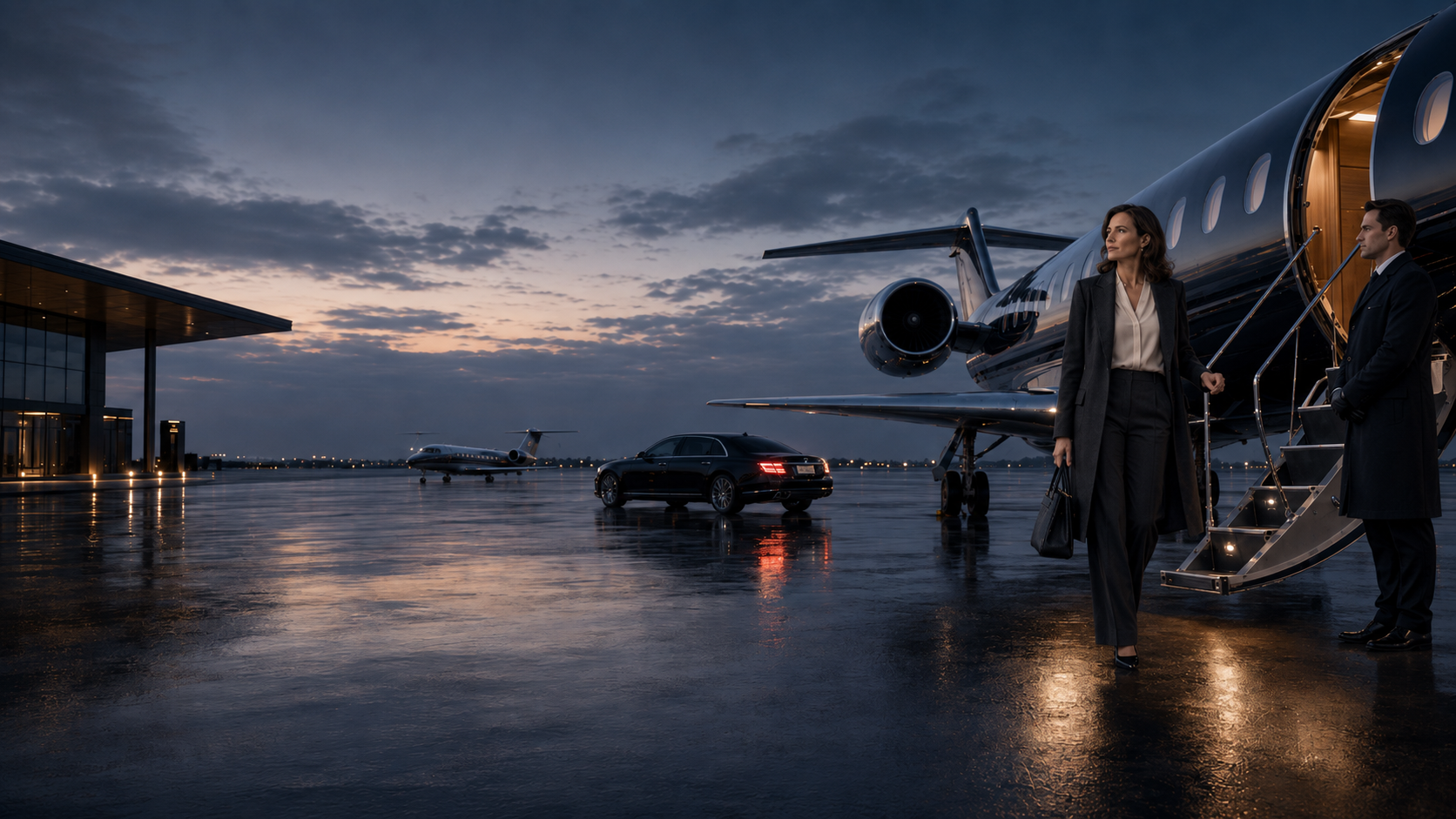 A principal boarding a private jet at dawn, with limousine and terminal beyond