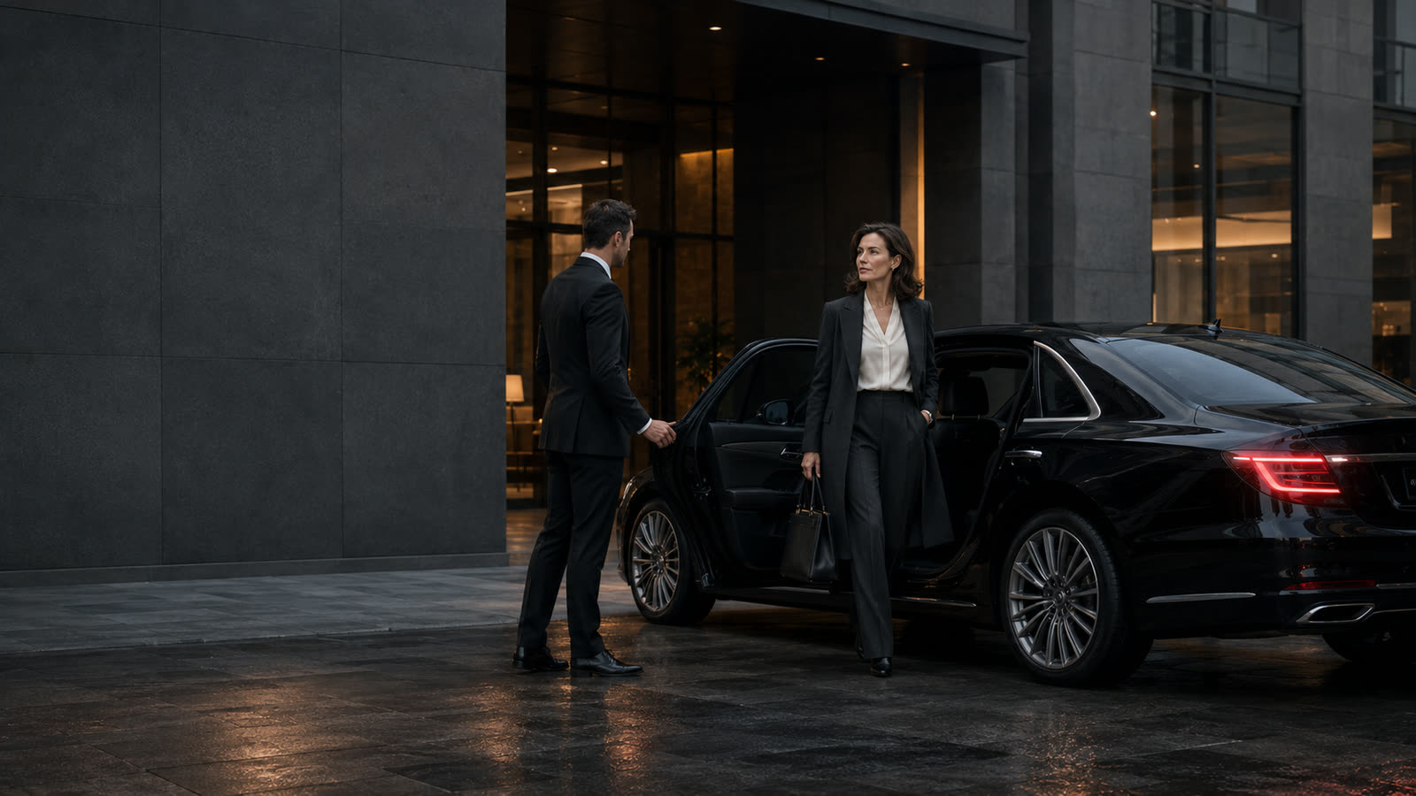 Businesswoman stepping from a chauffeured limousine outside an executive destination.
