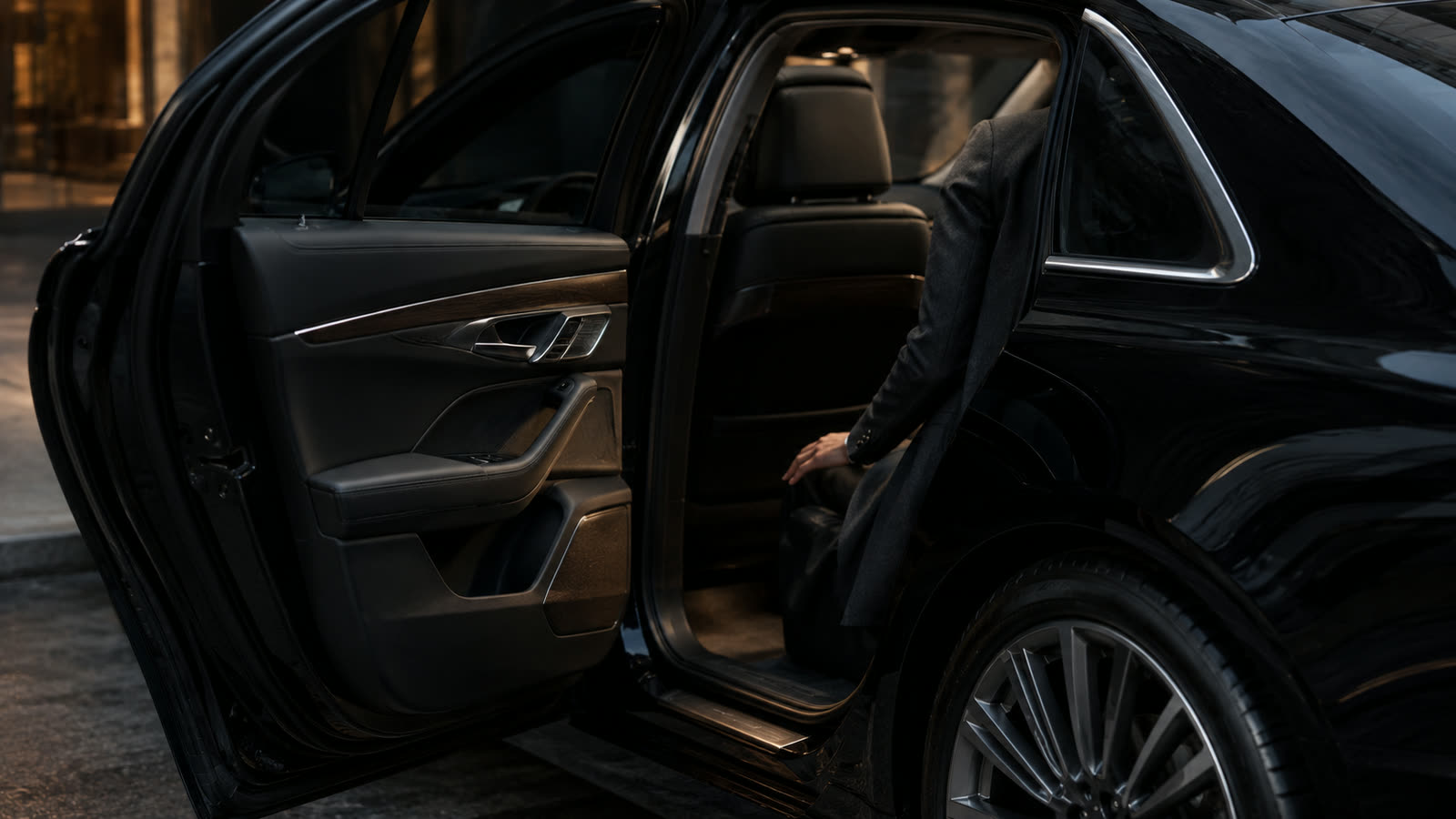 Open rear limousine door revealing the warm executive cabin.