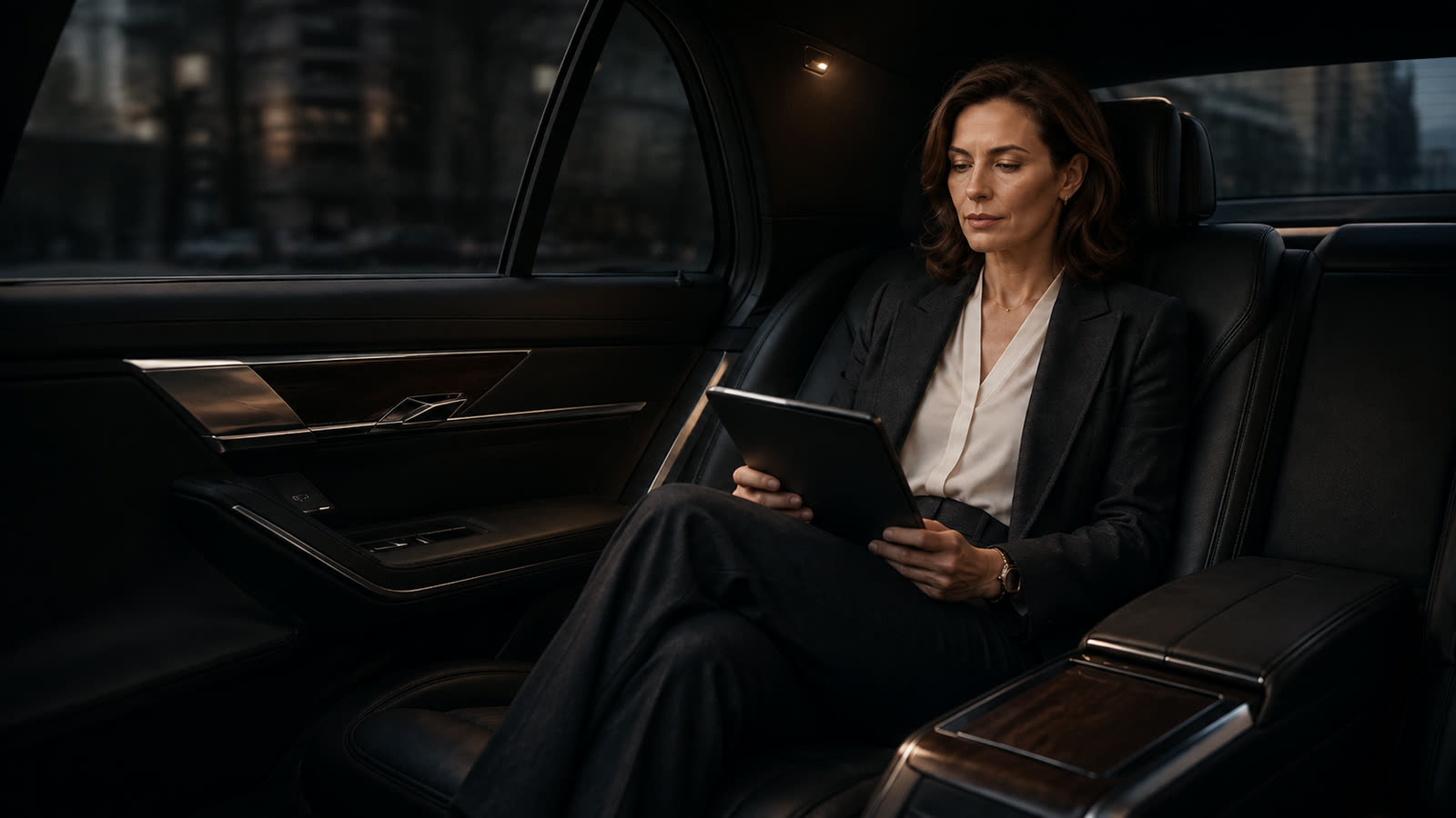 Businesswoman seated in the rear cabin of the limousine.