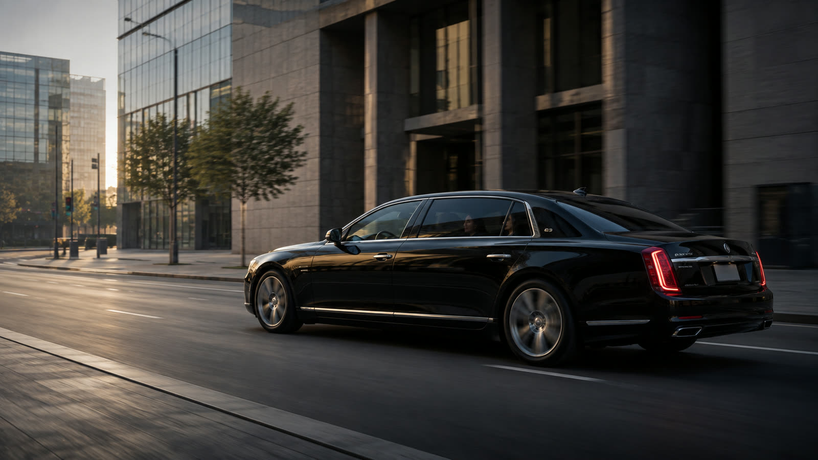 Black executive limousine moving through a modern business district.