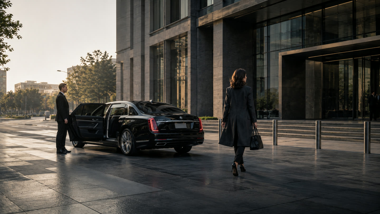 Businesswoman arriving at an executive building after ground transfer.