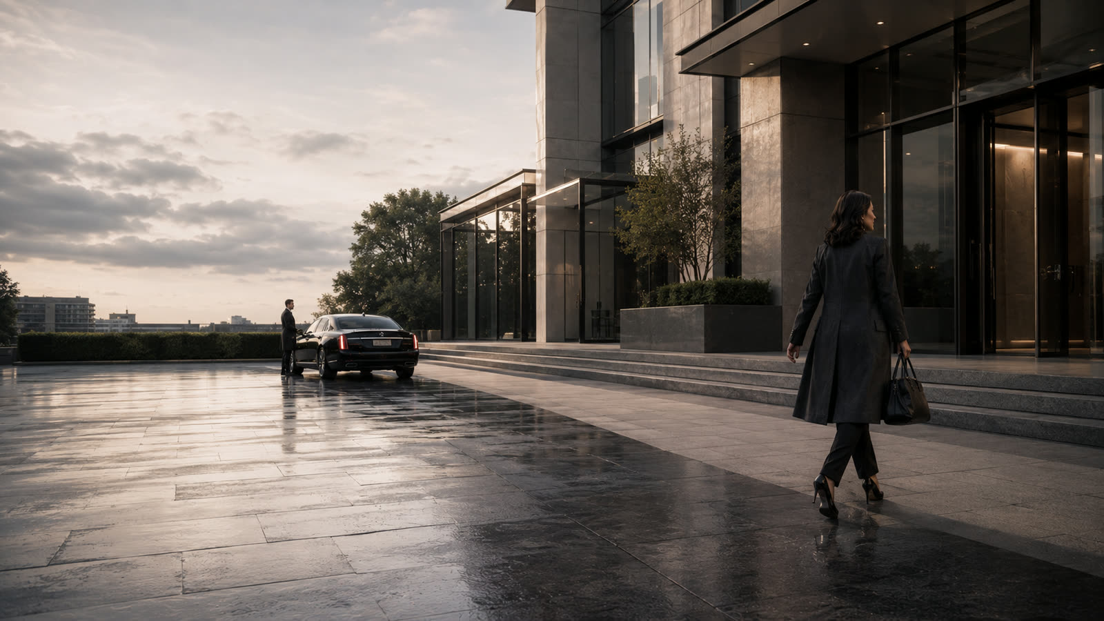 Businesswoman walking toward an executive destination as the limousine waits behind her.