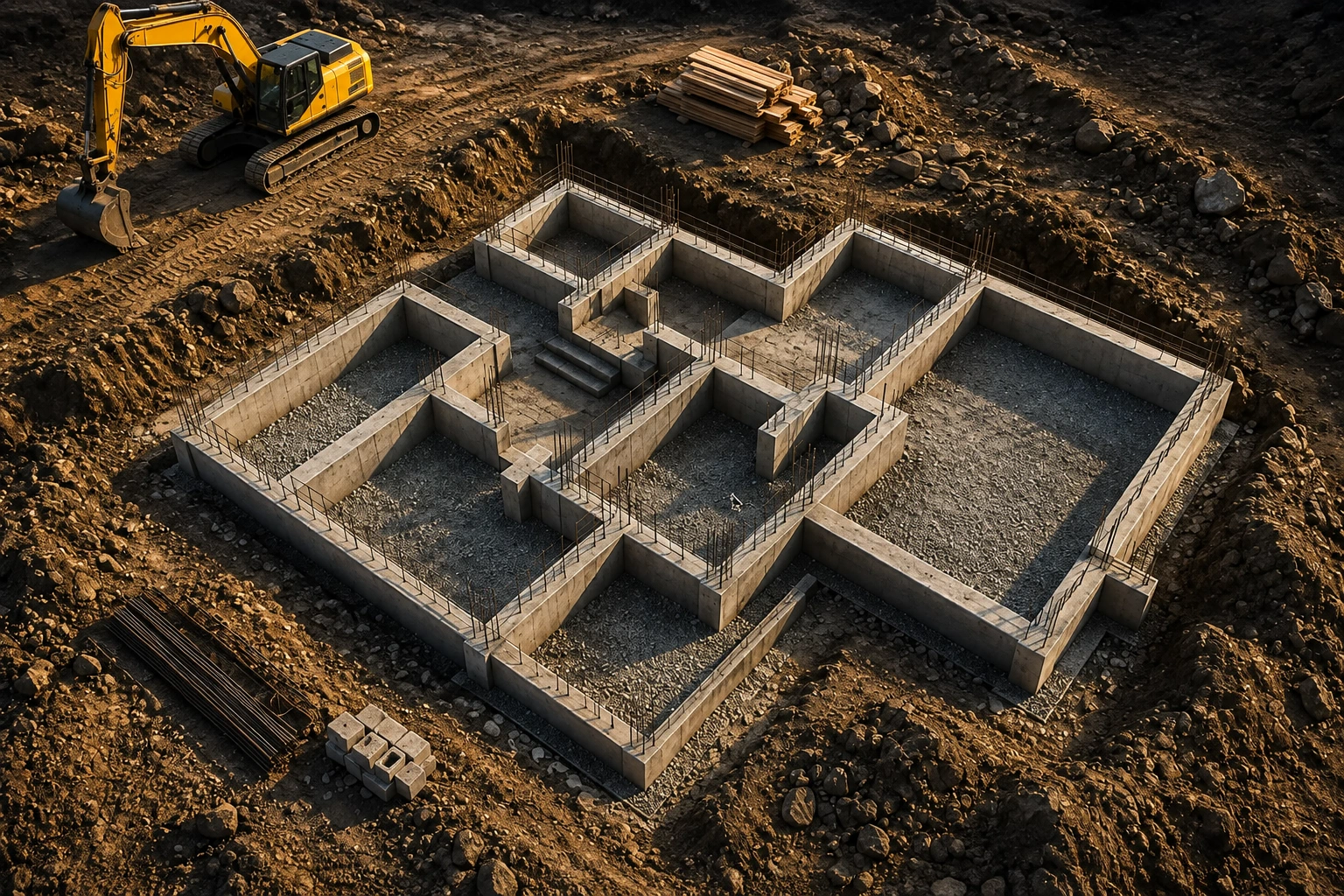 Modern building under construction with an excavator