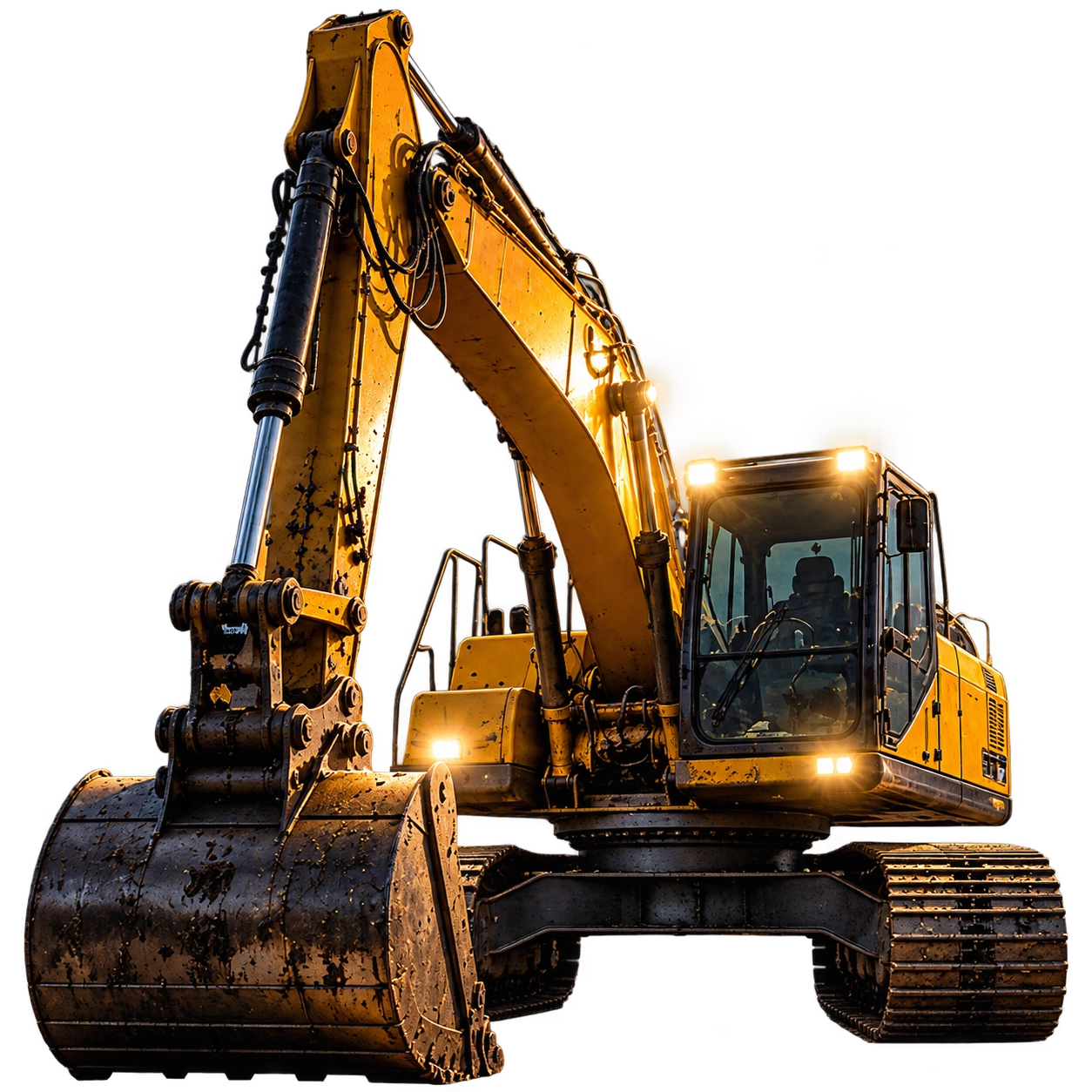 Excavator on a construction site with the bucket prominent in the foreground